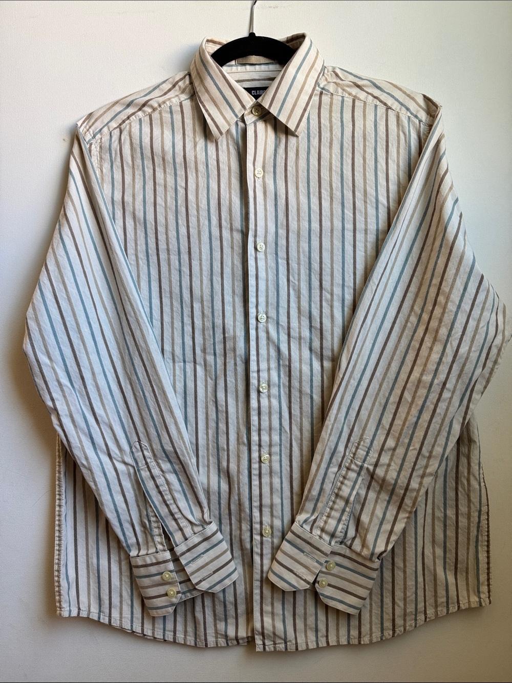 Claiborne Men’s Modern Fit Dress Shirt with Brown & Blue Stripes | Medium